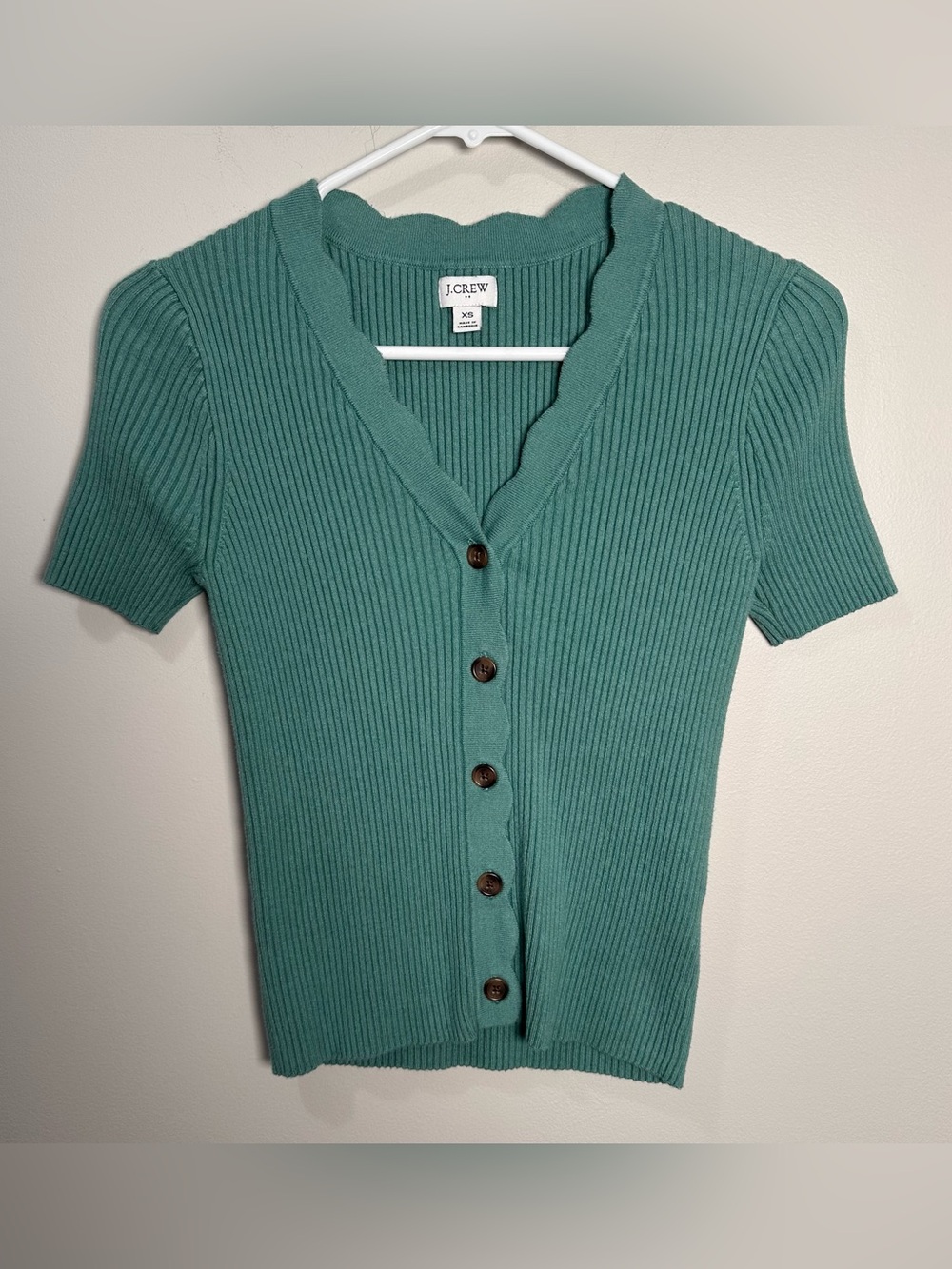 J. Crew Teal Ribbed Scallop-Edge Button Front Top